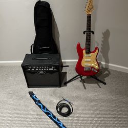 Fender Squire “mini” Electric Guitar, Amp, Stand Extras 
