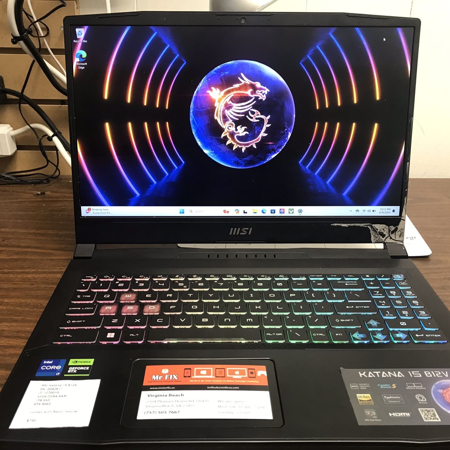 MSI Katana 15 B12V Gaming Laptop for Sale in Virginia Beach, VA 