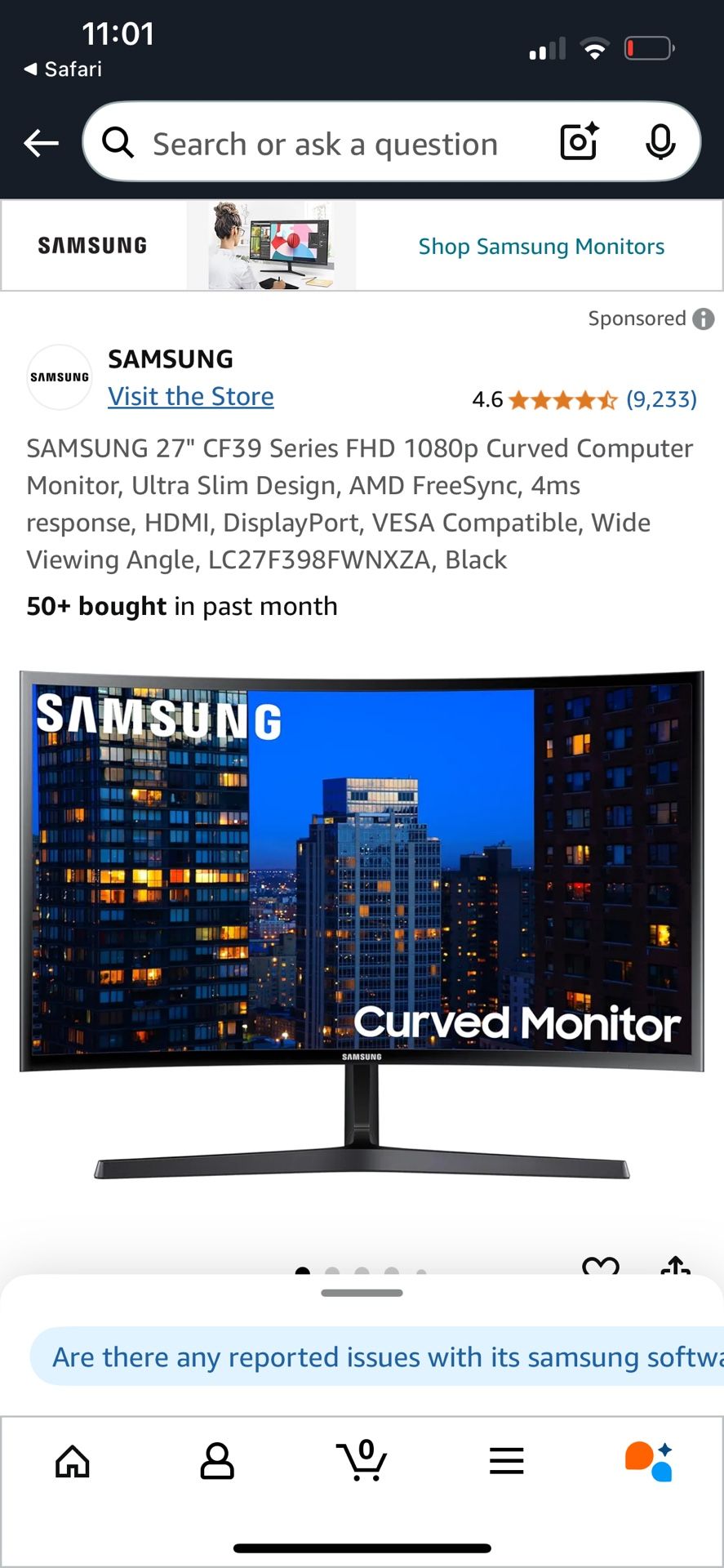 SAMSUNG 27" CF39 Series FHD 1080p Curved Computer Monitor, Ultra Slim Design, AMD FreeSync, 4ms response, HDMI, DisplayPort, VESA Compatible, Wide Vie
