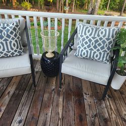 Black LARGE Metal Patio Porch Chairs (2) W/ Heavy Ceramic Table - $165