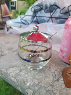 Vintage Glass Sugar Bowl with Lid and Spoon
