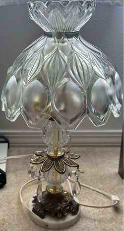 Vintage Catco Italian Cut Glass Hollywood Regency Boudoir Table Lamp w/ Crystal Prisms & Marble Base
