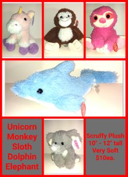 Unicorn, Monkey, Sloth, Dolphin, Elephant Plush