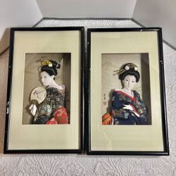 1960 Japanese porcelain geisha wearing silk kimono 3-D in 8”x13” Wood Frame. $85 Ea, $150 Both