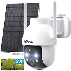 Security Cameras Wireless Outdoor, 2K Solar WiFi Camera for Home Security System, Battery Powered Surveillance Cam with Solar Panel, 360° PTZ Color Ni