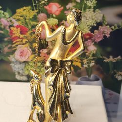 #2129, ELEGANT LADY WITH GREAT DANE,  SIGNED VINTAGE BROOCH, GOLD PLATED
