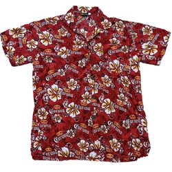 Corona Beer Men’s Red Floral Hawaiian Short Sleeve Casual Button Up Shirt Size L
