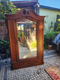 Antique Wood Armoire with Mirror Door