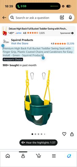 Premium High Back Full Bucket Toddler Swing Seat with Finger Grip, Plastic Coated Chains and Carabiners for Easy Install - Green - Squirrel Products