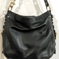 🔥COACH🔥ZOE EMBOSSED (Large Size) Designer Black Leather Shoulder Bag Gold Trim Buckles