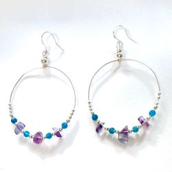 Natural Apatite Gemstone Silver Hoop Earrings