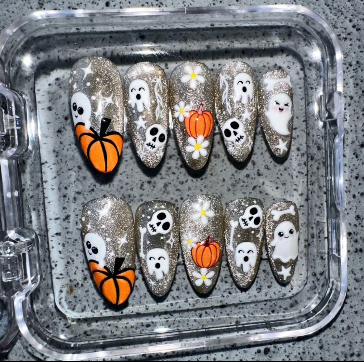 Happy Halloween Ghost Press On Nails with Skulls, Stars and Flowers (SIZE SMALL/MEDIUM)