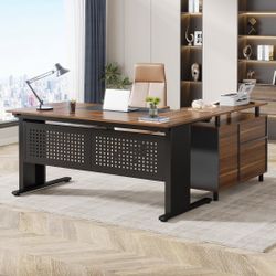 63 in. Brown L Shaped Computer Desk with Drawers and Storage Shelves, Executive Desk with File Cabinet for Home Office