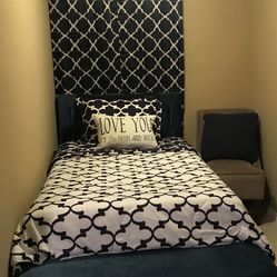 Blue Beautiful Twin Bed with Ottoman Storage