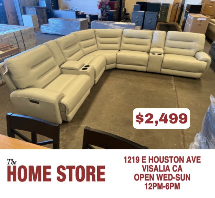Cream Leather Power Reclining Sectional Sofa