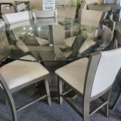 Brand New 54" Round Glass Counter High Dining Table + 4 White Linen Chairs