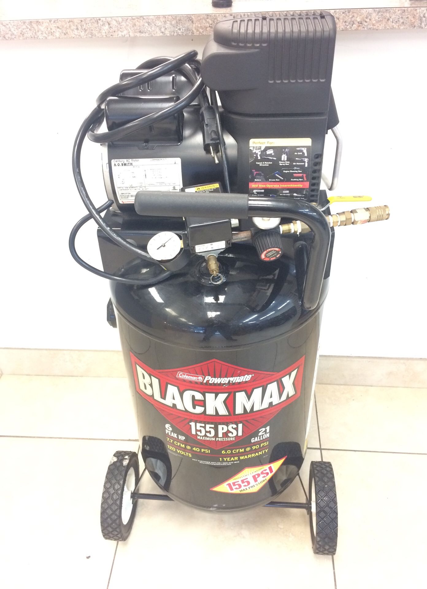 COLEMAN POWERMATE BLACK MAX UPRIGHT PORTABLE AIR COMPRESSOR 21 GALLON, 155 PSI , 6 HP