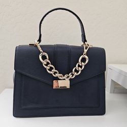 Navy Blue Purse Flap Over Bag With Gold Chain 