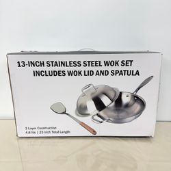 Willow & Everett 13” Tri-Ply Stainless Steel Wok Pan Lid Spatula Cookware NEW