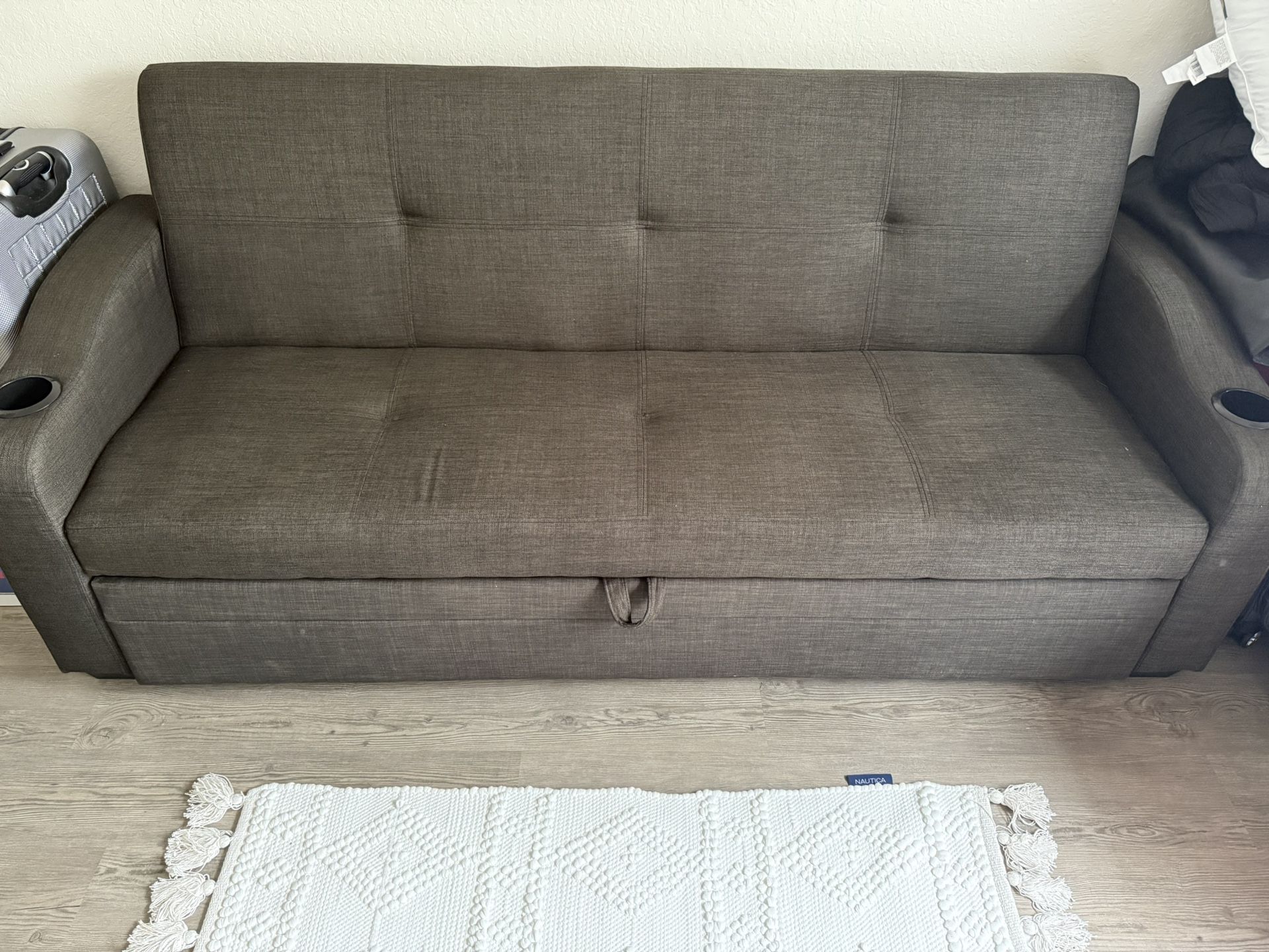 Fabric Upholstered Sofa Bed with Cup Holders, Gray