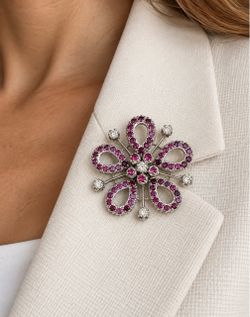 14K White Gold Ruby Diamond Floral Brooch Pendant Convertible Flower Pin $4200