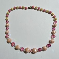 Vintage Japan Pearl, Crystal And Pink Jade Necklace 