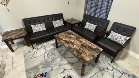 Modern Mid-Century Wood 2 Loveseat Sofas + 1 Accent Chair + 2 Side Tables + 1 Center Table - $500