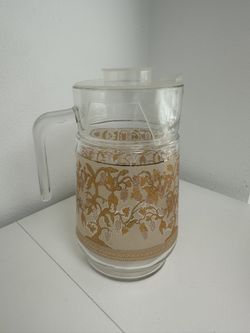 Vintage MCM Gold Fruit Tree Motif Juice Pitcher Carafe 
