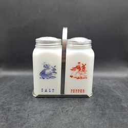1940's Dutch Boy/Girl Milk Glass Salt Pepper Shaker Set Aluminum Lids & Holder