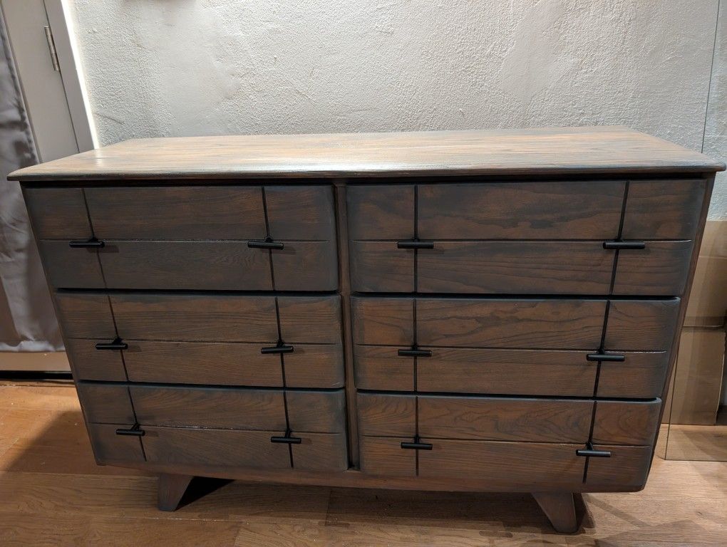 Antique L Ronney & Sons Solid wood MCM Etched Dresser drawers farmhouse gray black hardware