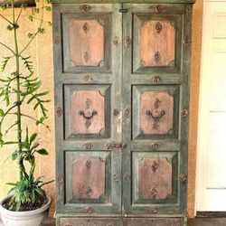 Vintage Green Solid Teak Wood Pantry Cabinet Storage Armoire Wardrobe With Drawers 