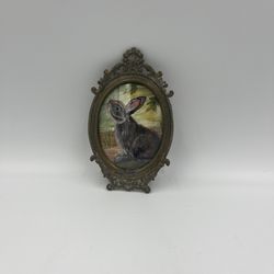 Antique Italian brass Frame with original miniature acrylic painting of rabbit wall decor/Farmhouse - Cottage Decor /by Anna Slamina