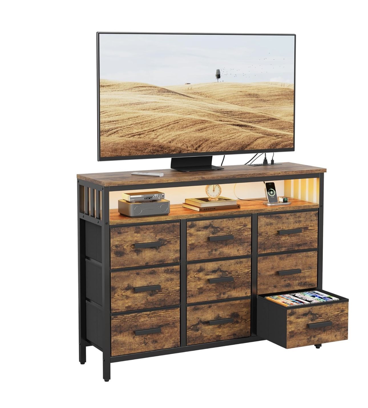 9 Drawer Dresser TV Stand up to for 50” TV with LED Lights & Power Outlets, Entertainment Center with Open Shelf, Media Console, Large Storage Dresser