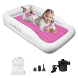 COMMOUDS Portable Toddler Travel Bed with Safety Bumpers, Inflatable Kids Air Mattress with Electric Pump, Baby Blow up Mattress, for Grandma's Home C