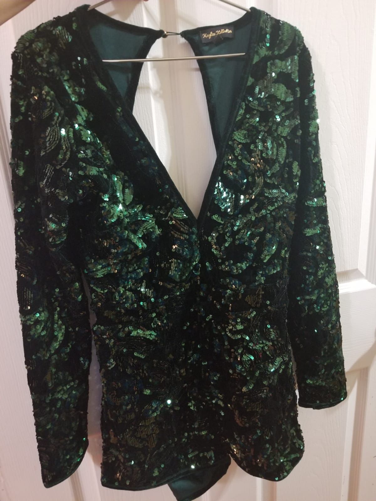 Marcellina Hunter Green Deep V Neck Sequin Velvet Romper