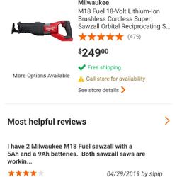 Milwaukee M18 Fuel Super Sawzall Orbital Reciprocating Saw 