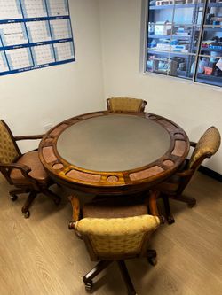 Custom Algonquin 54” Game Table & Chairs San Simeon Olive Felt Poker Table