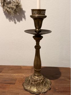 Antique Art Nouveau Brass Candlestick | Ornate Floral Water Lily Base