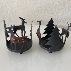 Pair Reindeer & Christmas Tree Candle Holders 