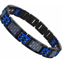 Magnetic Bracelets for Men, Blue Carbon Fiber Pure Titanium 