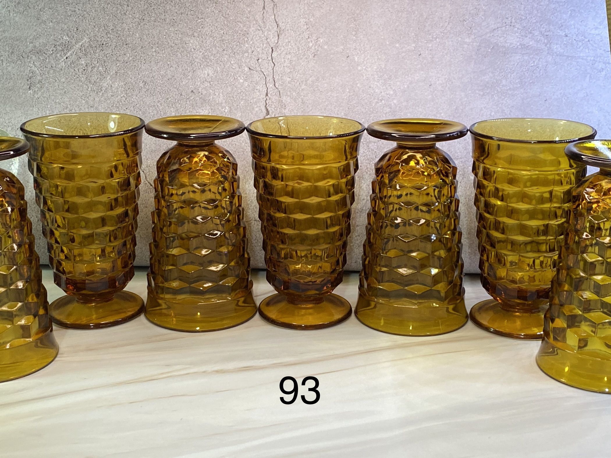 Set of (7) Indiana Glass Fostoria Colony Whitehall Cubist Amber Glasses/Tumblers. Excellent condition.