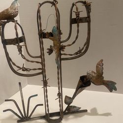 Southwest metal saguaro cactus sculpture with lizard, quail & hummingbird. Barbed wire accents.