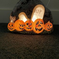 Rare-Vintage, Halloween Light Up Decoration Looks like a Rock, Tomb, Stones, And Pumpkins