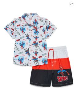 NWT boys spidey swimming trunks with matching resort button up size 3t