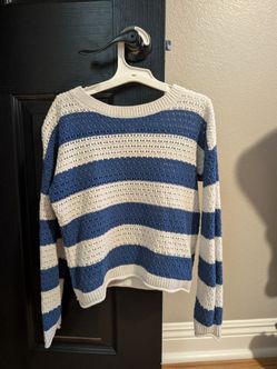 Blu Pepper Blue & Cream Striped Open-Knit Crochet Pullover Sweater