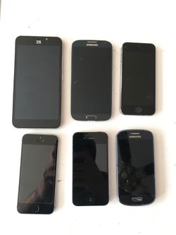 6 cell phones ZTE, iPhone 4s, iPhone SE, iPhone 5, Samsung s4, and Samsung s3