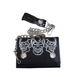 Motorcycle Leather Trifold Wallet With Chain 