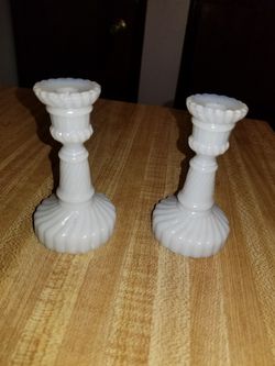 Antique Set of Two Miniature Pressed Milk Glass Candlestick Holders Circa 1870's