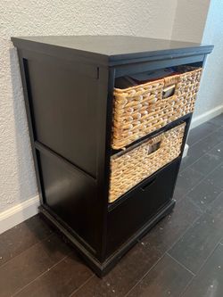 Dark Wood Accent table or end table- Good for storage, includes 2 basket drawers. Nightstand.
