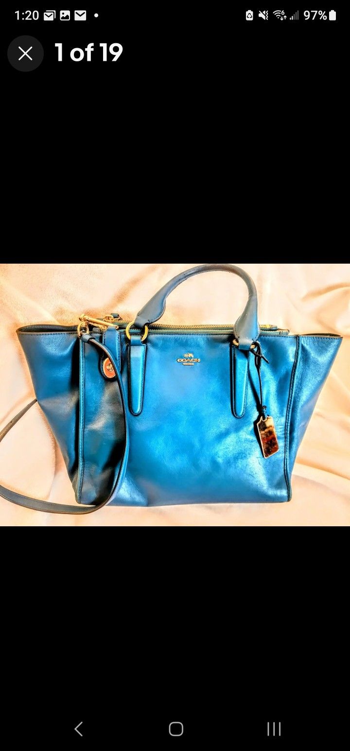 COACH 33545 CROSBY TEAL CARRYALL Smooth Leather Shoulder Bag